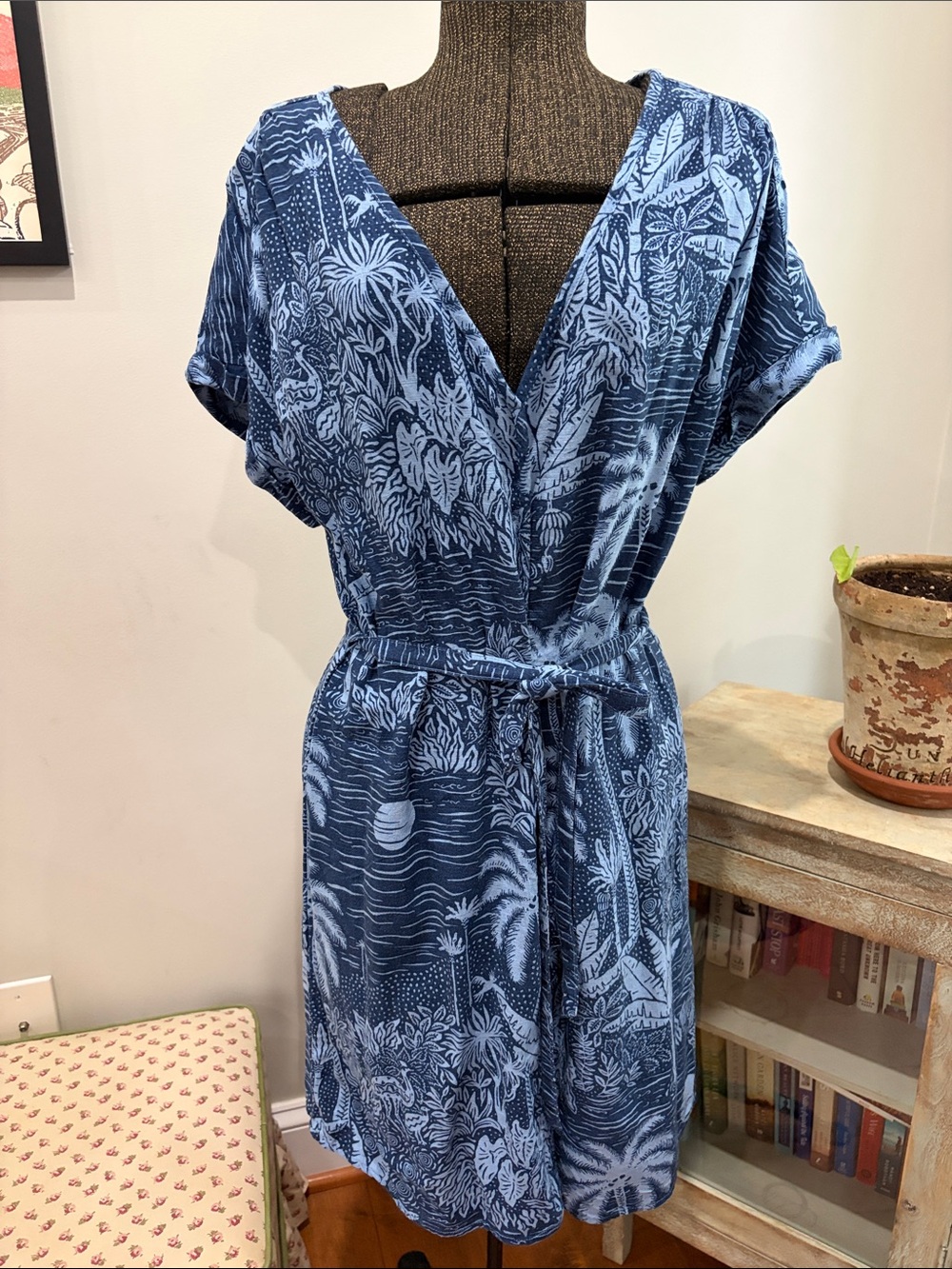 Desmond & Dempsey x H&M Linen-Blend Kaftan Dress Blue Tropical Palm Print Small